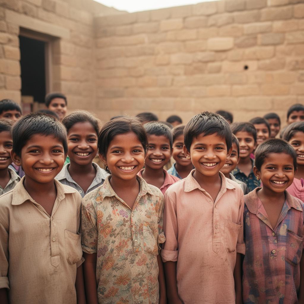Children of a heritage village smiling in a sandstone courtyard