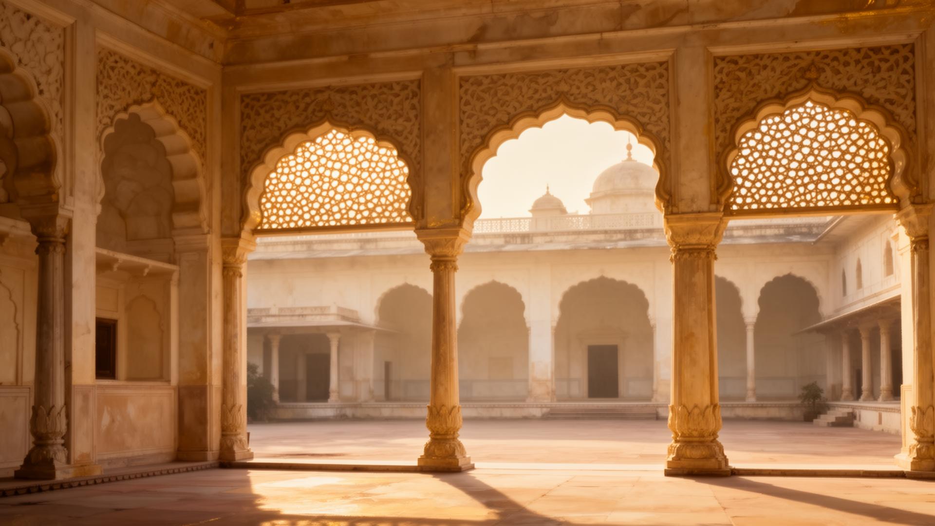 Sandstone palace courtyard with Mughal arches at golden hour